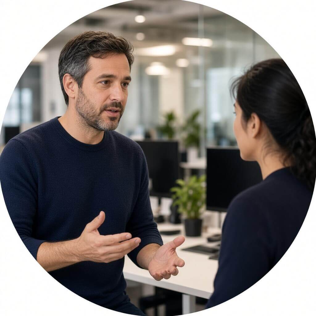 Delivery review at a standing desk